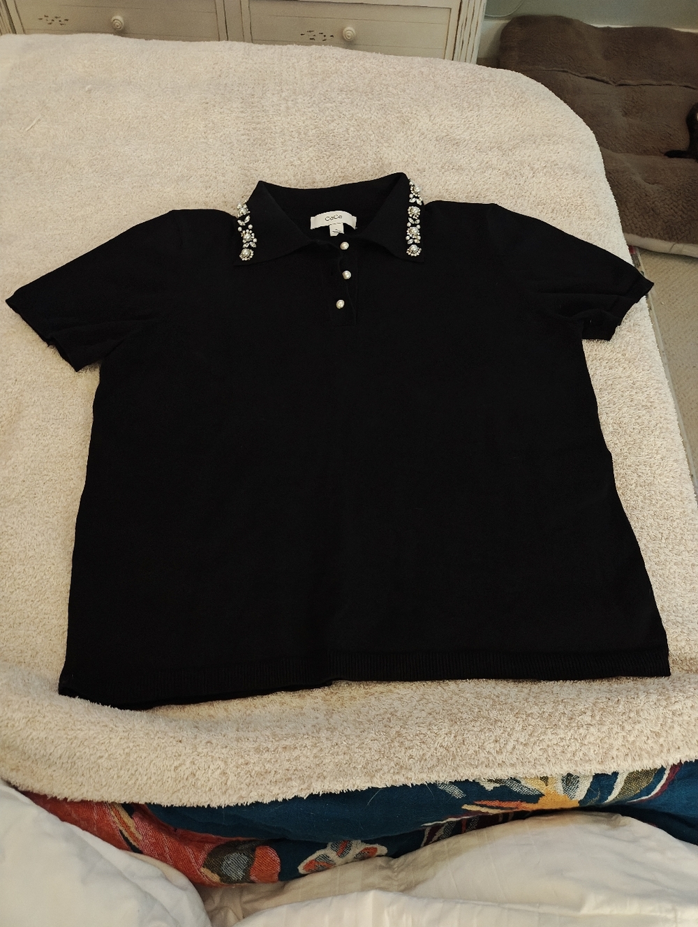 Cece Sweater Pearl/Diamond Beaded Collar Black Polo Top Sz Med
